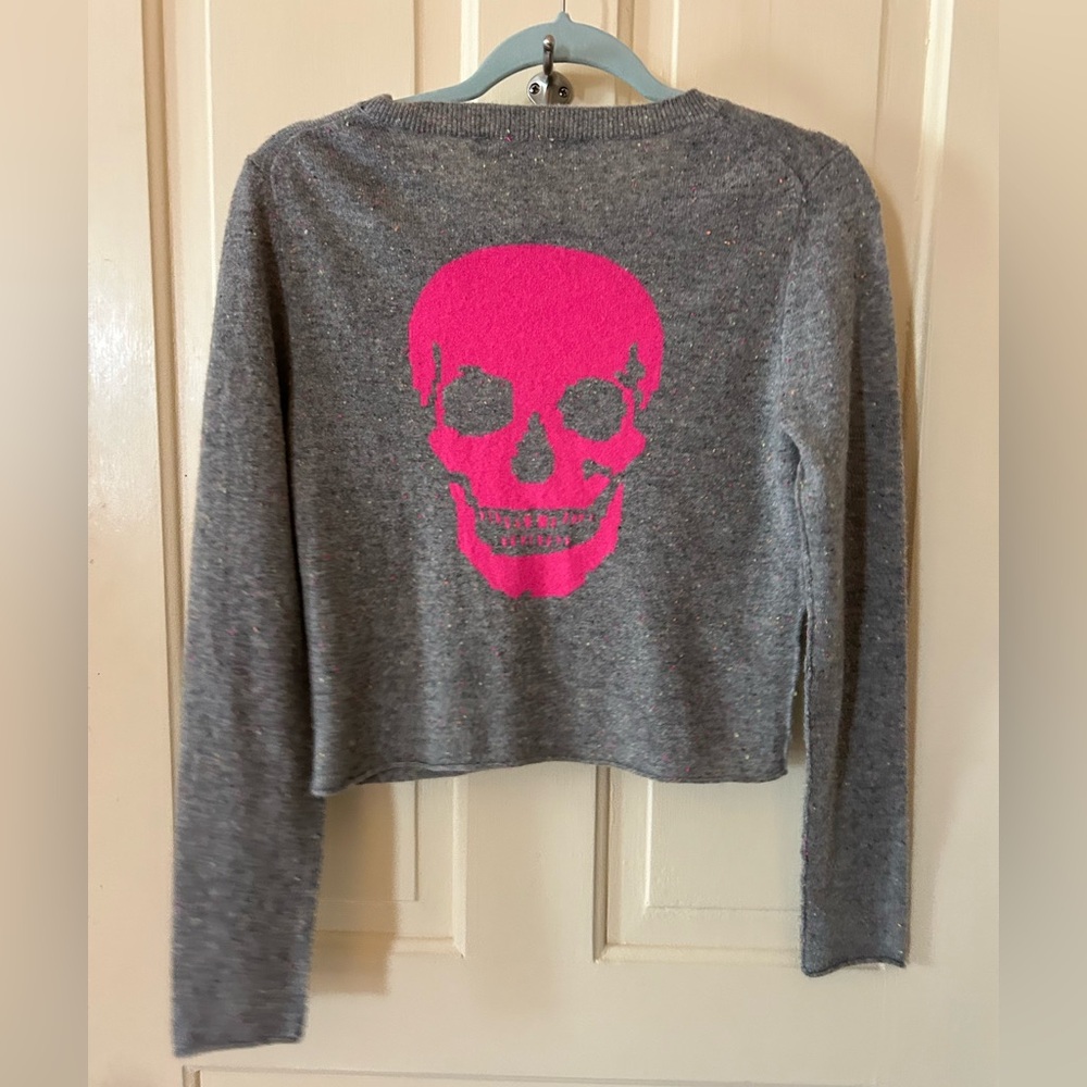 Skull cashmere RARE confetti fleck gray sweater hot pink skull logo S crew neck